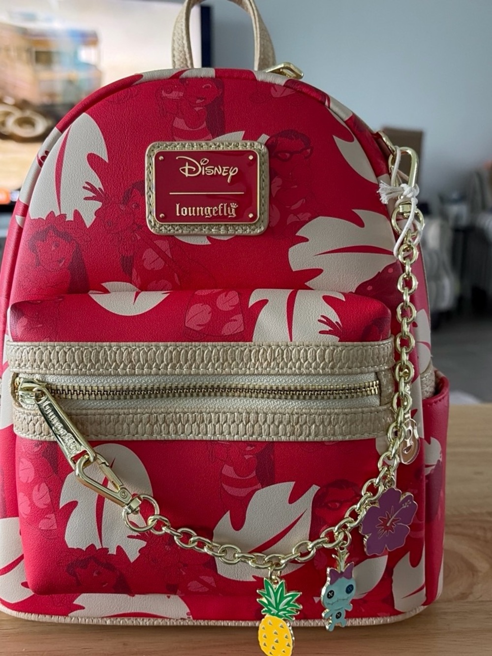 Loungefly Red and Cream Disney Floral Mini Backpack with Gold Charm Chain